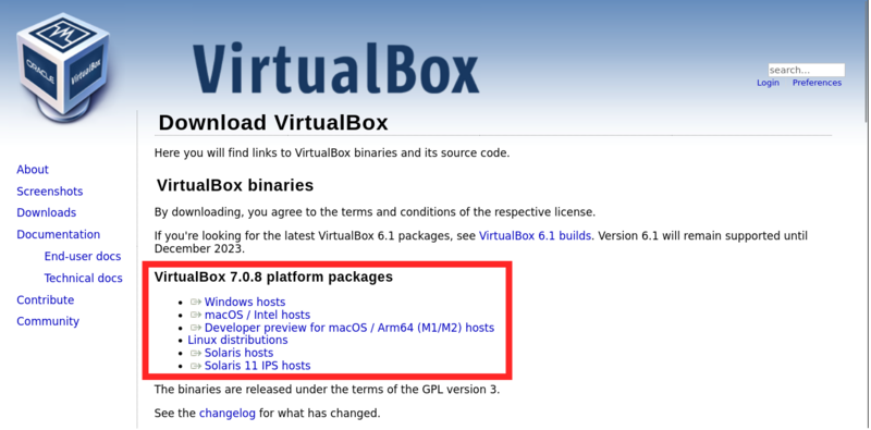 VirtualBox 公式 Web サイトのダウンロード画面