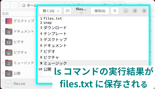 テキストエディタで files.txt を開いた画面